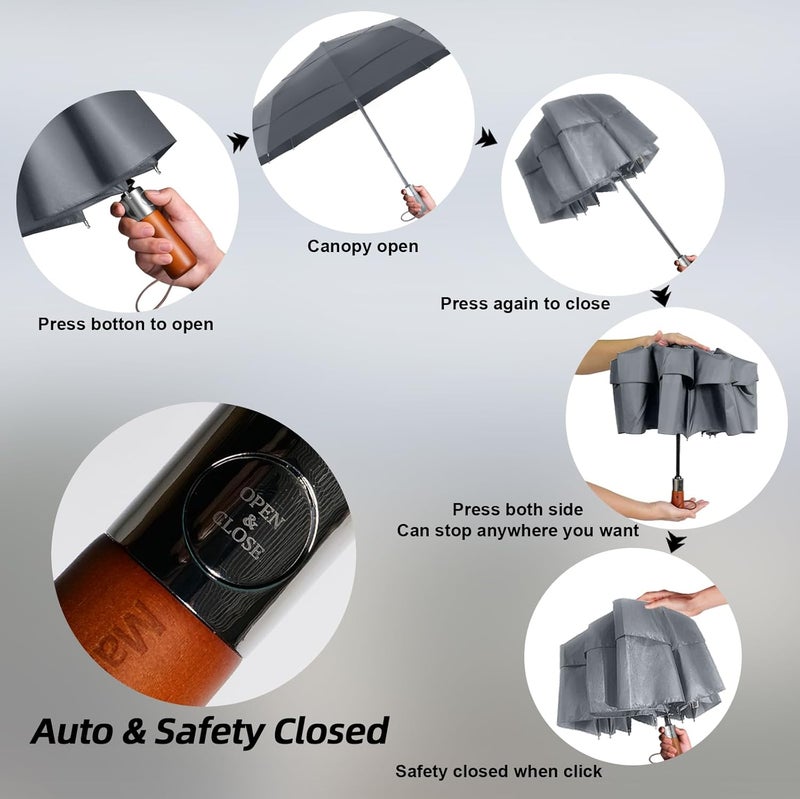 MasterUmbrella 3-Layer Vented Canopy Windproof Commuter Umbrella for Rain, Auto Open/Close, 10 Fiberglass Ribs, Wooden Handle, 13" Folded, 47" Large Coverage for 1–2 People, Lifetime Replacement - Image 5